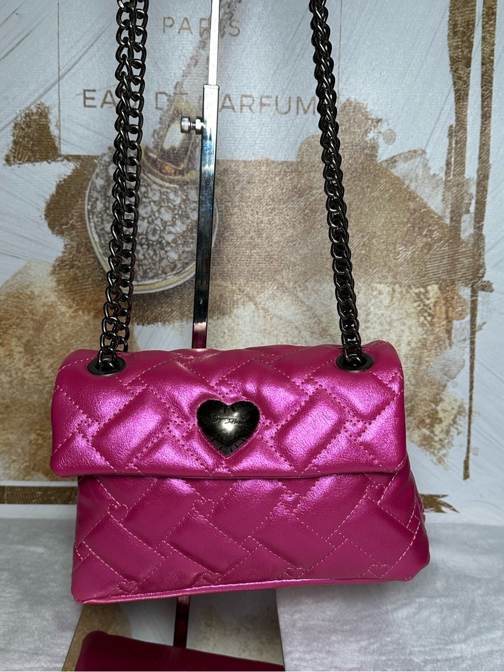 Betsey Johnson Hot Pink Quilted Chain Shoulder Bag with Heart Lock
